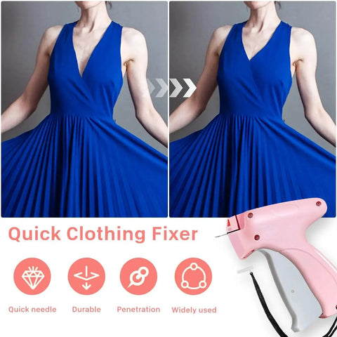 Before and after dress repair using Micro Stitch Gun For Quick Clothing Fixes Handheld Sewing Tool With 10 Needles and Fasteners