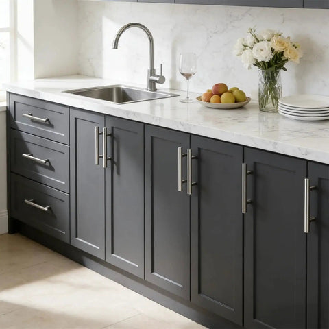 Modern kitchen with 30 Pack 3-3/4 Inch Hole Center Cabinet Pulls Brushed Nickel Stainless Steel Kitchen Cabinet Handles 6 Inch Overall Length