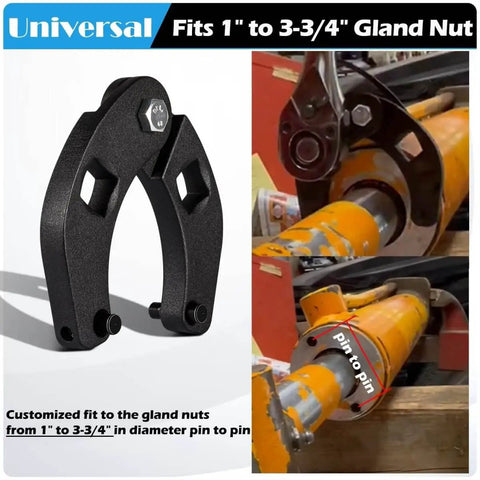 Universal Gland Nut Wrench for Hydraulic Cylinders next to wrench installed on equipment, fits 1 to 3.75 inch gland nut