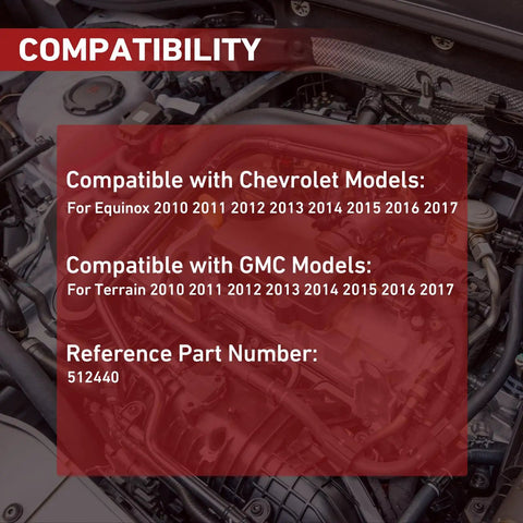 Engine bay with compatibility information for Rear Wheel Hub Bearing Assembly Set Of 2 Model 512440 for Chevy Equinox and GMC Terrain.