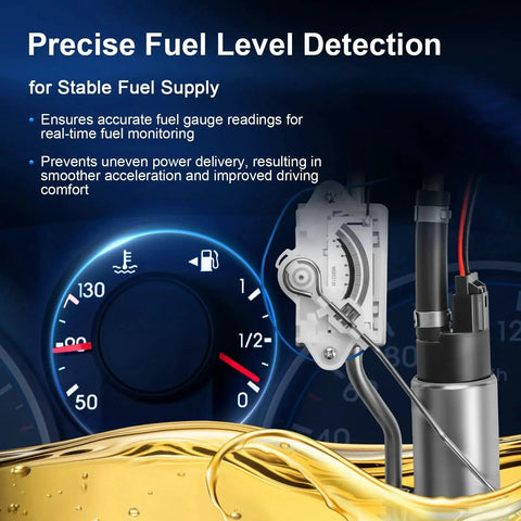 Plug And Play Electric Fuel Pump Assembly For Ford Ranger And Mazda B Series Trucks 1989 Through 1997 With 2.3L 2.9L 3.0L And 4.0L Engines Direct Fit Replacement Replaces E2078S 67010 P74528S E9TZ9H307B shown with fuel level detection features over speedometer background.