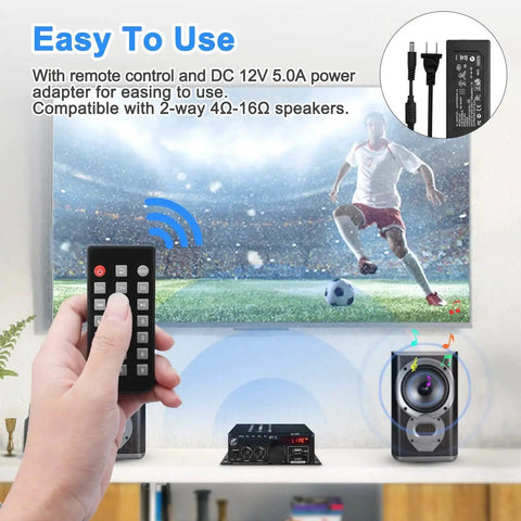 Hand holding remote with Beefy 400W And 400W Peak HiFi Stereo Amplifier connected to speakers below a TV showing a soccer game.