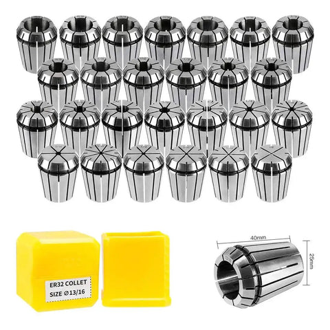26 Piece ER32 Spring Collet Set For CNC Engraving Machines And Milling Lathes; metal collets with yellow storage box and size dimensions