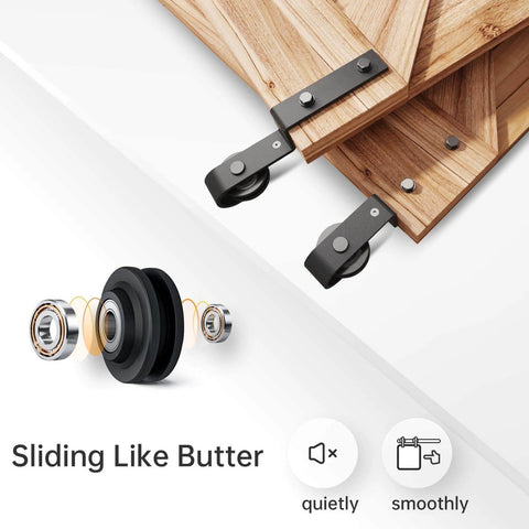 Effortless 5 Ft Bypass Double Sliding Barn Door Hardware Kit With Single Track That Slides Like Butter Quiet Ball Bearing Rollers Easy Install For 35 Inch Wide Double Doors Durable Aluminum Black Powder Coat Finish, showing rollers and track.