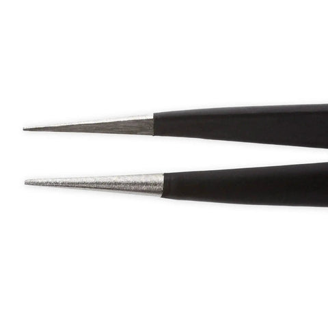 Close-up of Pro Grade Precision Tweezers Set with extra fine angled tips for electronics repair hobby industrial crafting professional work.