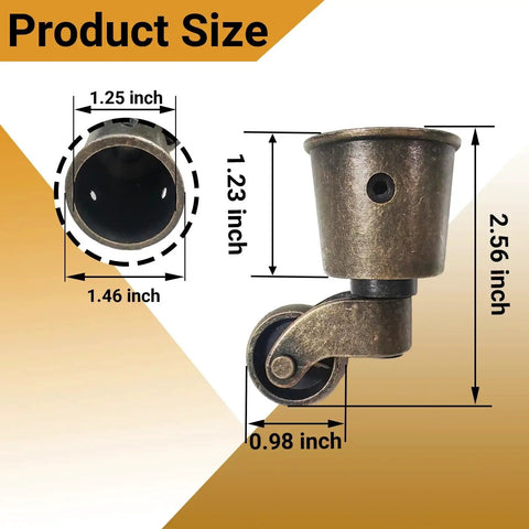 Four Pack Cup Style Swivel Casters For Furniture, Vintage Round Cup Wheels 2.6 Inch Diameter By 1.5 Inch Wide, size diagram