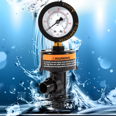 High Flow Manual Relief Valve with gauge, sixcow 98209800, for pool and spa filter, front view