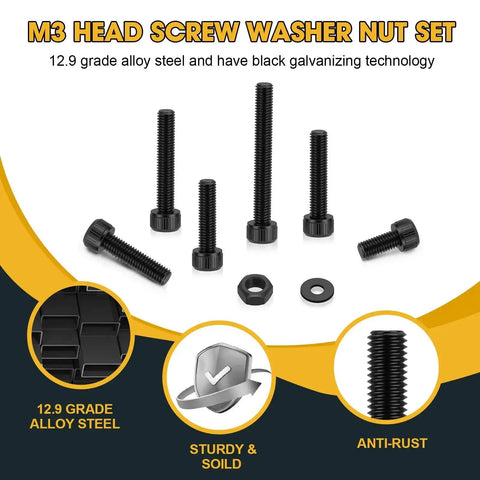600 Pcs M3 Screws Set With Black Alloy Steel M3x6/8/10/12/16/20/25/30mm Screws, 12.9 Alloy Nuts, Bolts And Washers