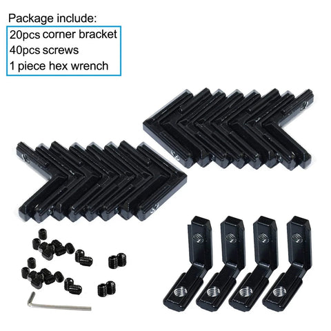 20Pcs L Shape Corner Brackets For 20 Series Aluminum Extrusion with screws and wrench, black zinc alloy, displayed in set