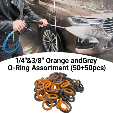 Ultimate 100-Piece Pressure Washer O-Rings Kit for M22 14mm Quick Connect Couplers shown with orange and grey rings