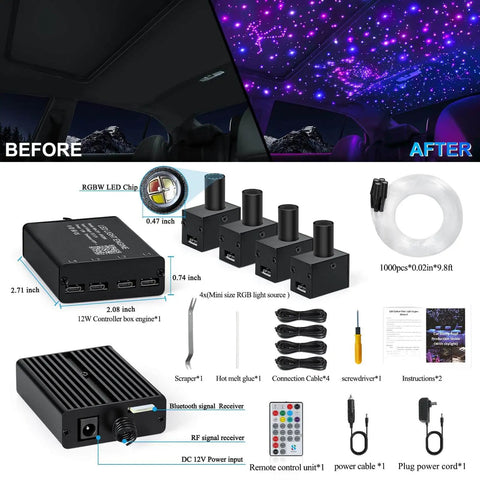 Split 4 Color 12W Car Starlight Headliner Kit With 1000 Fiber Optic Strands, App And RF Remote components and installation guide