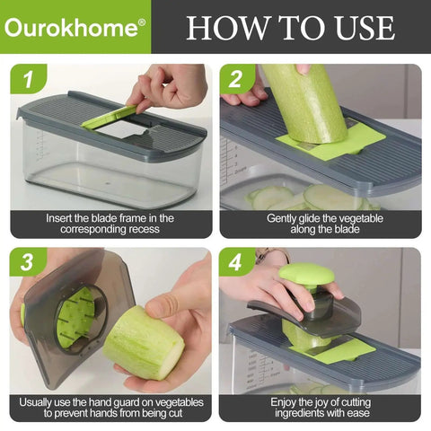 Step-by-step usage of Mandolin Slicer For Kitchen 6 In 1 With 6 Razor Sharp Blades And Expanded Hand Guard Veggie Shredder.