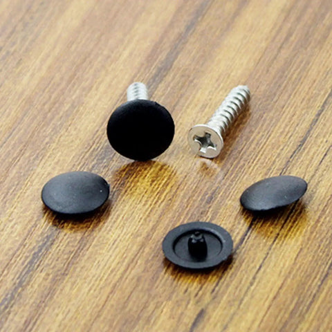 Multi-Function Hinged Screw Cover Caps Set For Self-Tapping Screws, Decorative Black Caps on wooden surface, 100 Piece Pack