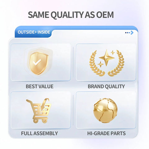 Graphic showing same quality as OEM with icons for best value, brand quality, full assembly, and high-grade parts.