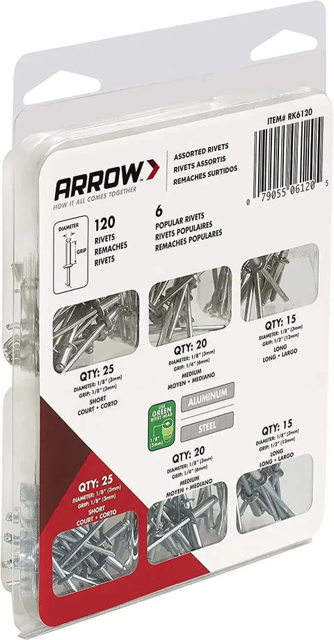 Pop Rivet Assortment Kit For Metal Fabric Leather And Auto Repair One Eighth Inch Rivets Aluminum And Steel 120 Pack in packaging