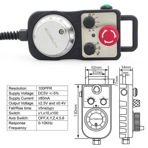 5 Axis CNC Pendant Handwheel with Emergency Stop and 15 Pin Connector, dimensions and specifications showcased for DDCSV41 DDCS Expert.