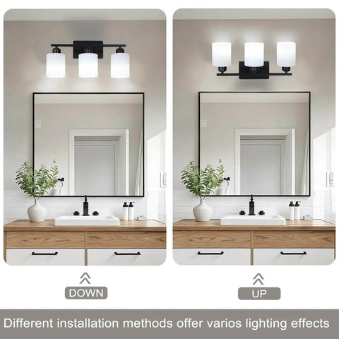 Three Light Black Matte Vanity Light Fixture With Milky White Frosted Glass Shades For Bathroom Over Mirror, Modern Wall Sconce