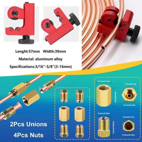 3/16 Inch Brake Line Kit 25 Ft Zinc Plated Fittings, Bender, Flare Tool Cutter with components and specifications displayed