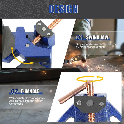Heavy Duty Cast Iron Welders Angle Clamp with swing jaw and T-handle for precise right angles, self-centering two axis welding jig