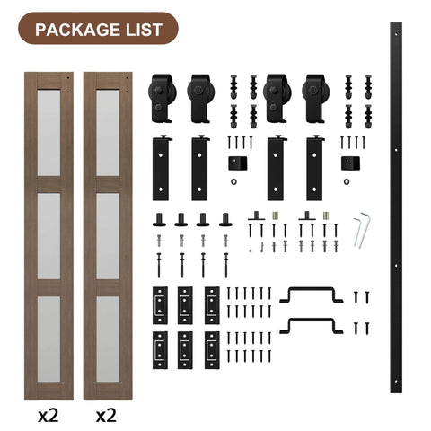 Package contents of Bifold Glass Barn Door Kit With Hardware 3 Panel Frosted Glass Slab In Brown Wood Grain PVC Water Resistant