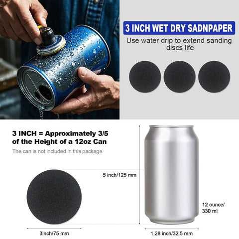 3 Inch Sanding Disc Kit For Drill Polishing Wet Dry Headlight Restoration with size comparison to 12oz can