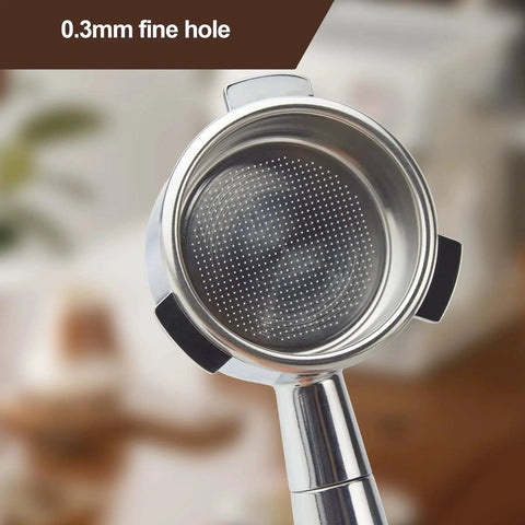 Front view: Bottomless 54 mm espresso portafilter with puck screen, 3-ear, stainless steel body and rosewood handle