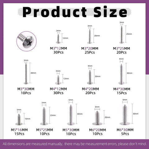 Product sizes of 200Pcs Self Tapping Screws Set With Phillips Truss Head for Wood Metal PVC Plastic Stainless Steel 304