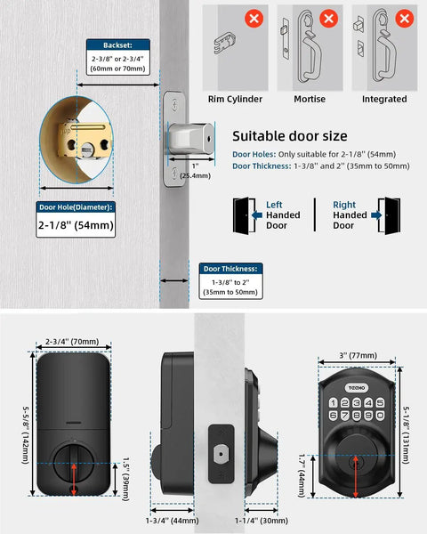 Diagram of Keyless Door Lock With Keypad Smart Deadbolt Front Door Auto Lock Matte Black showing dimensions and features.