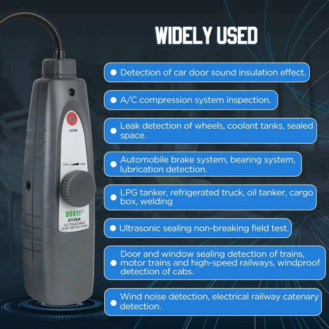 Ultrasonic Leak Detector With Headphones Included For Steam Pipes And Automotive Noise Finding 40KHz Plus Or Minus 2KHz Range Adjustable Sensitivity 420Millimeter Probe High Sensitivity Sensor shown with usage scenarios listed.