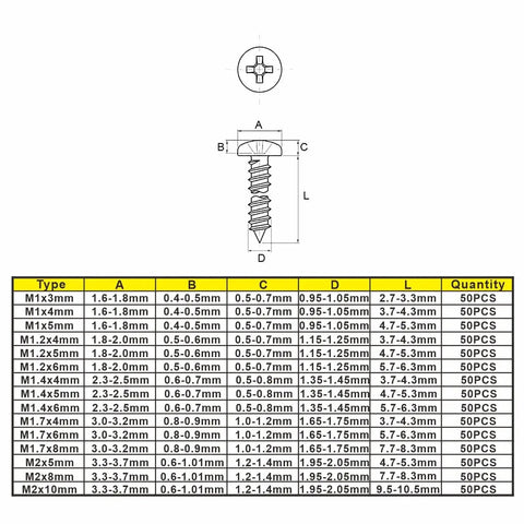 Diagram showing dimensions of Metric M1 To M2 Stainless Steel Phillips Pan Head Self Tapping Screws 750 Piece Assortment Kit sizes.