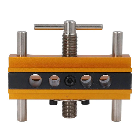 Auto Centering Dowel Jig Kit with adjustable drill guide and gold finish, six bushings visible for precise straight holes.