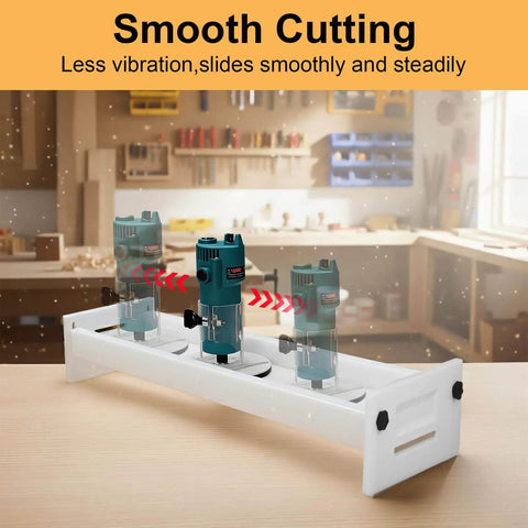 Beefy Adjustable Slab Flattening Jig For Router Sled 48 Inch HDPE Benchtop Mill shown with router in workshop setting