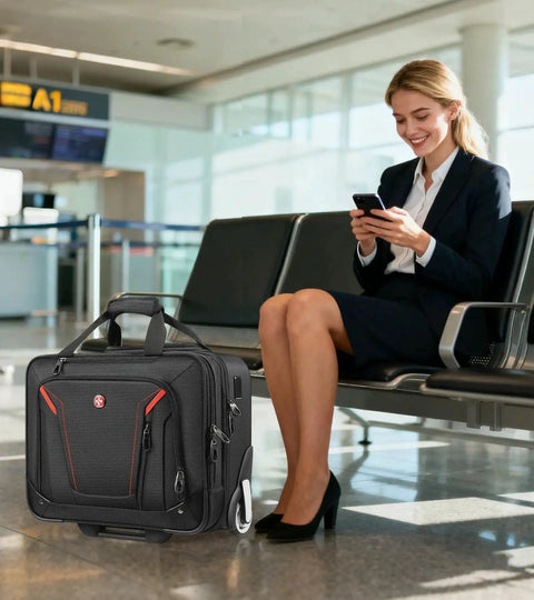 Rigid Frame Rolling Laptop Bag With USB Ports And Wheels For Pro On The Go Travel next to traveler in airport seating area.