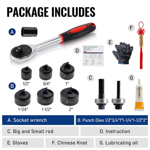 Ratchet Knockout Hole Punch Kit 1/2 To 2 Inch Slug-Buster Conduit Cutter Set components, including socket wrench and punch dies