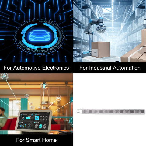 FSR408 thin-film pressure sensor pad; collage shows automotive electronics, industrial automation, and smart home uses.