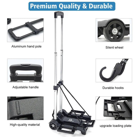 Ultra-compact, lightweight folding hand truck with aluminum frame, adjustable handle, silent wheels, and durable hooks.