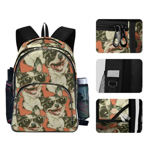 Cool Dog Style Sunglasses Backpack with zippered pockets, adjustable straps, fits 15.6 inch laptop, durable polyester