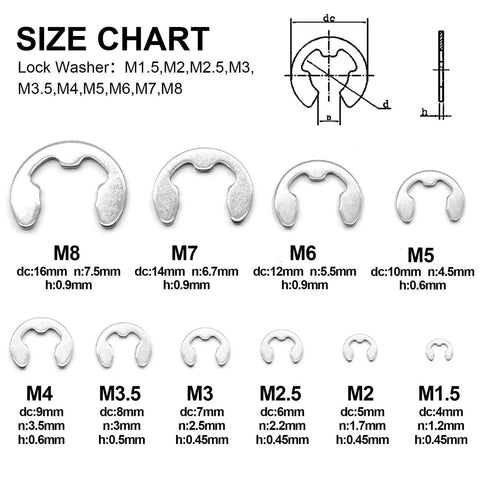 Size chart of Stainless Steel E Clip External Retaining Ring Set, 200-Piece, 10 Size Assortment From 1.5mm To 8mm, 304 Stainless
