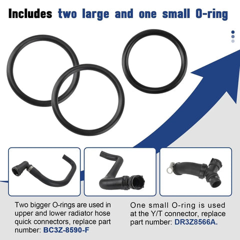 Radiator Hose O Ring Kit With T Pipe Coolant Tee For 5.0L V8 Vehicles 3 Pack showing two large and one small O-ring
