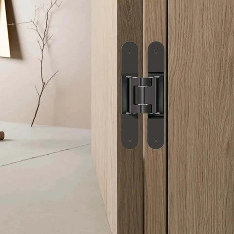 Concealed Hinge For Thick Doors 200 Mm TECTUS TE 540 3D Adjustable on a wood door, rustic umber finish, 180° opening.