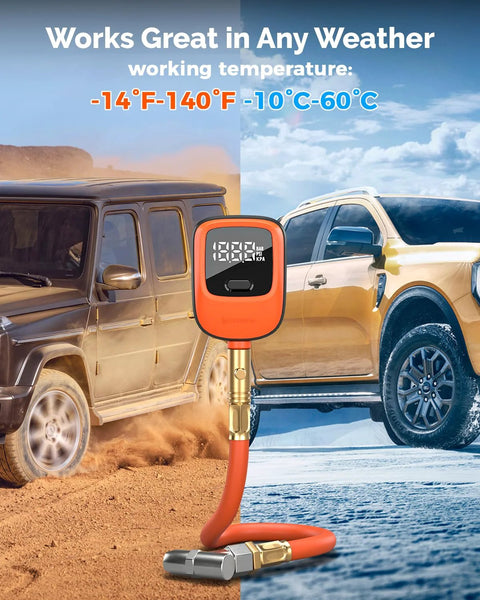 ETENWOLF T600 digital tire pressure gauge with orange housing and LCD display connected to a hose
