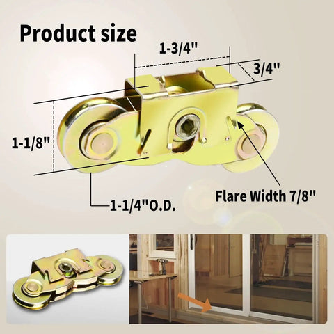 Two Set Gliding Patio Door Tandem Roller Assembly Replaces 1997061 And Is Compatible With 200 Series Perma Shield Narroline And 400 Series Frenchwood Gliding Doors Since 1982 Featuring One And A Quarter Inch Steel Ball Bearing And Side Adjustable, shown with measurements and patio door installation