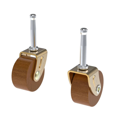 Wooden Furniture Caster Wheel Set 1 5/8 Inch Diameter With One Quarter Inch Stem, brass-plated steel frames and wooden wheels.