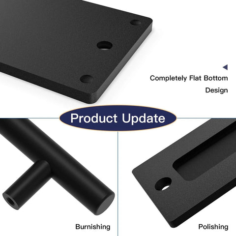 Black 12 Inch Barn Door Handle With Latch And Adjustable Floor Guide Kit showing flat bottom design and polished surface.