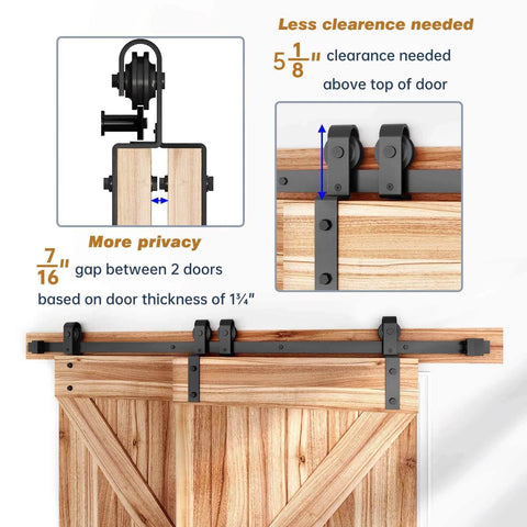 5.5 Foot Bypass Double Sliding Barn Door Hardware Kit With Single Track For 38 Inch Doors, shown installed with track details
