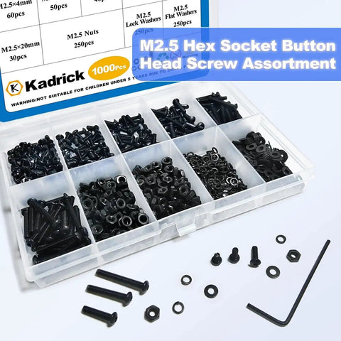 M2.5 Metric Screw and Washer Kit Set With Locking and Flat Washers 1000Pcs Grade 10.9 Alloy Steel Hex Socket Button Head Black Screws Nuts Bolts