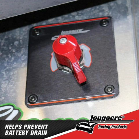 Manual Battery Disconnect Switch With Panel 175A 6 36V Red Handle mounted on a metal surface, showing red handle and black panel.