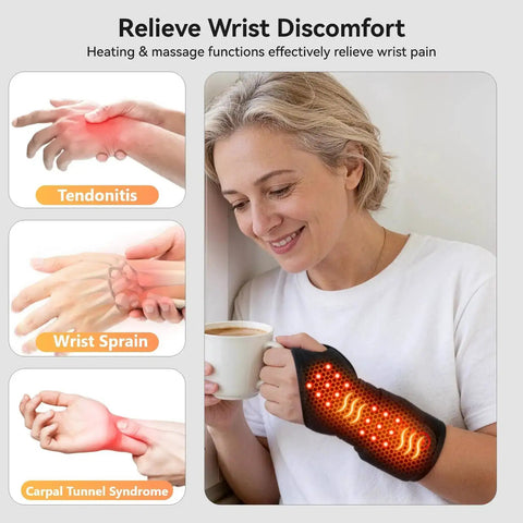 Woman using Cordless Wrist Hand Heating Pad Massage For Carpal Tunnel Relief With 3000mAh Battery And Vibration, showing heat wrap.