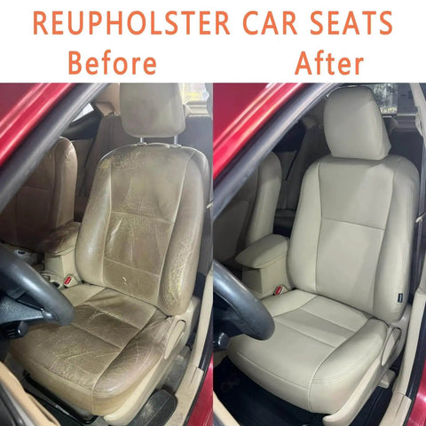 Car seat reupholstery before and after showing transformation from worn leather to new beige cover.