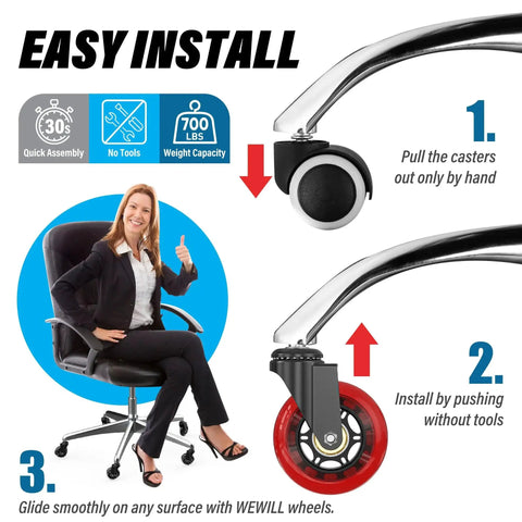 Office Chair Wheels Set Of 5 - 3 Inch Rubber Casters Replacement Universal Fit, instructions for easy installation.